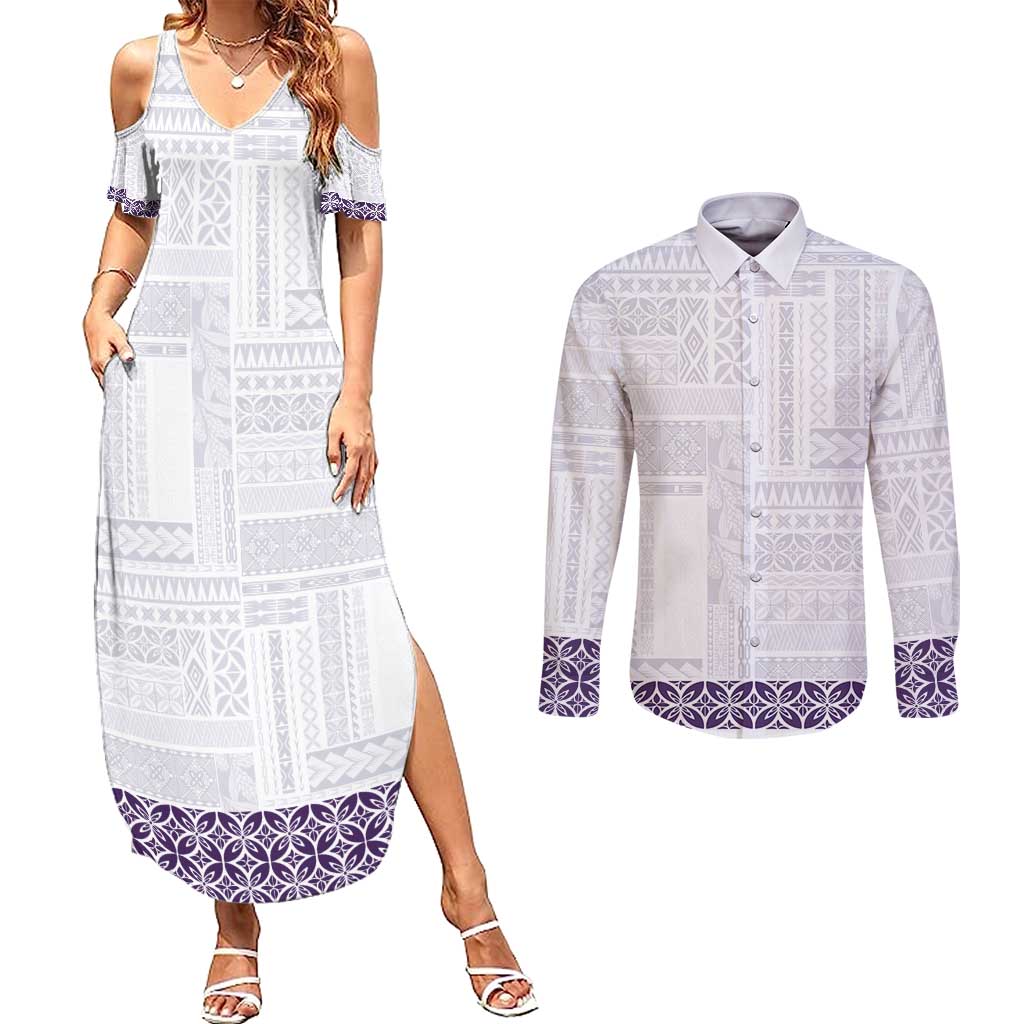 Samoa Siapo Purple Trimmed Couples Matching Summer Maxi Dress and Long Sleeve Button Shirt Samoa White Sunday - Polynesian Pride