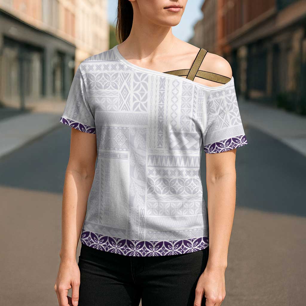 Samoa Siapo Purple Trimmed Cross Shoulder Shirt Samoa White Sunday - Polynesian Pride
