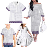 Samoa Siapo Purple Trimmed Family Matching Off The Shoulder Long Sleeve Dress and Hawaiian Shirt Samoa White Sunday - Polynesian Pride
