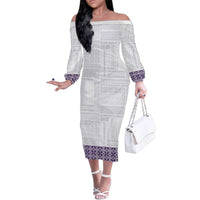 Samoa Siapo Purple Trimmed Family Matching Off The Shoulder Long Sleeve Dress and Hawaiian Shirt Samoa White Sunday - Polynesian Pride