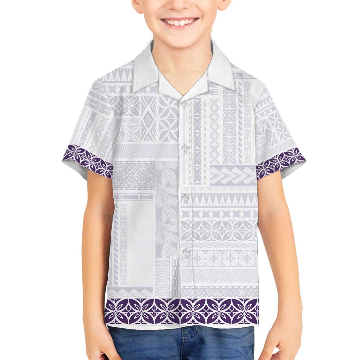 Samoa Siapo Purple Trimmed Family Matching Off The Shoulder Long Sleeve Dress and Hawaiian Shirt Samoa White Sunday - Polynesian Pride