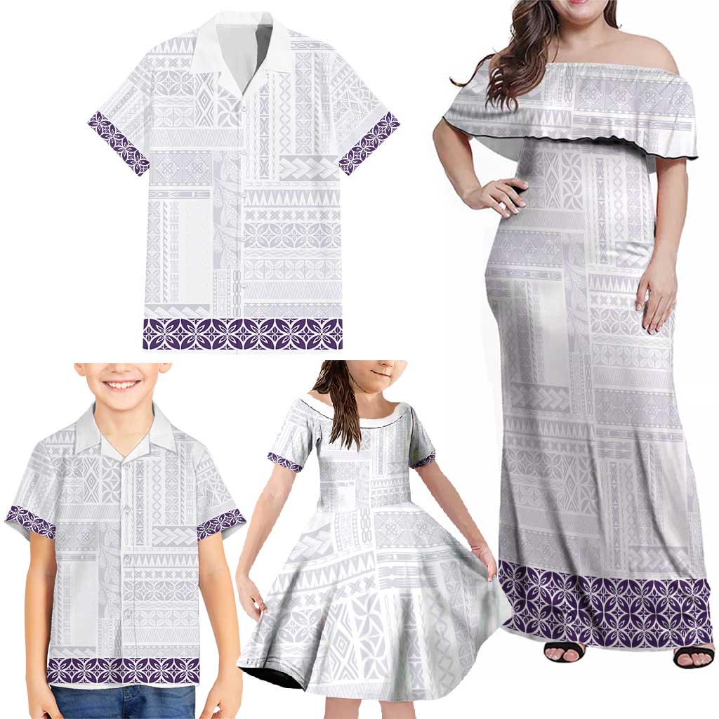 Samoa Siapo Purple Trimmed Family Matching Off Shoulder Maxi Dress and Hawaiian Shirt Samoa White Sunday - Polynesian Pride