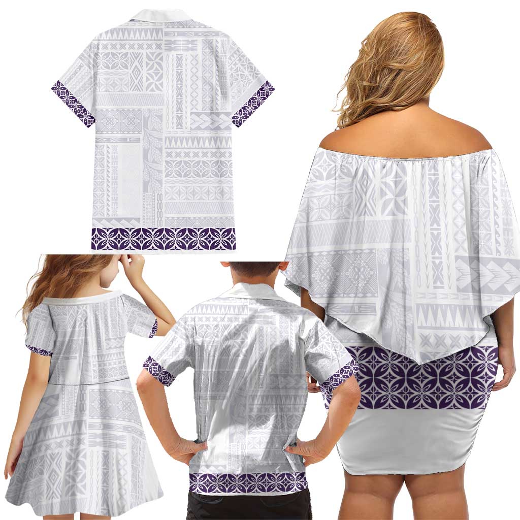Samoa Siapo Purple Trimmed Family Matching Off Shoulder Short Dress and Hawaiian Shirt Samoa White Sunday - Polynesian Pride