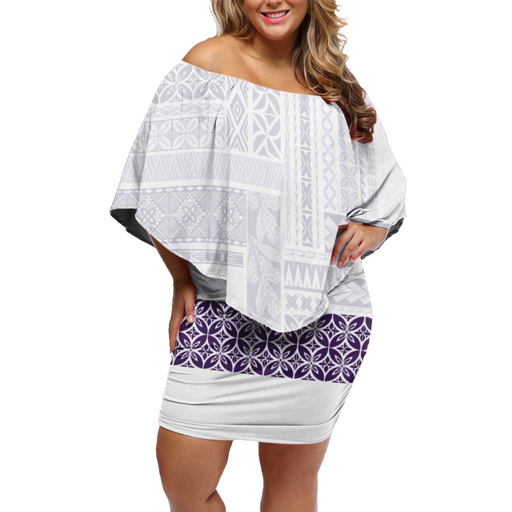 Samoa Siapo Purple Trimmed Family Matching Off Shoulder Short Dress and Hawaiian Shirt Samoa White Sunday - Polynesian Pride