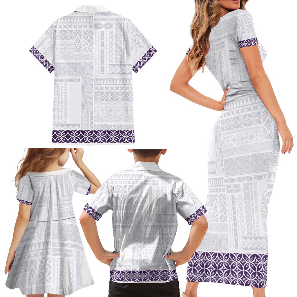 Samoa Siapo Purple Trimmed Family Matching Short Sleeve Bodycon Dress and Hawaiian Shirt Samoa White Sunday - Polynesian Pride