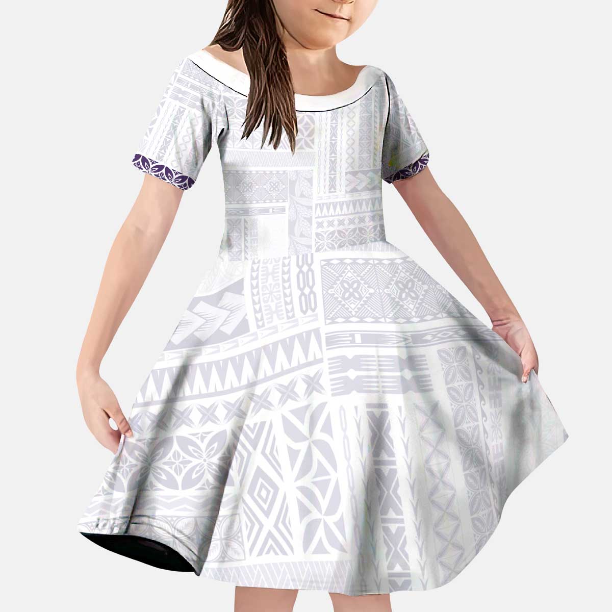 Samoa Siapo Purple Trimmed Kid Short Sleeve Dress Samoa White Sunday - Polynesian Pride
