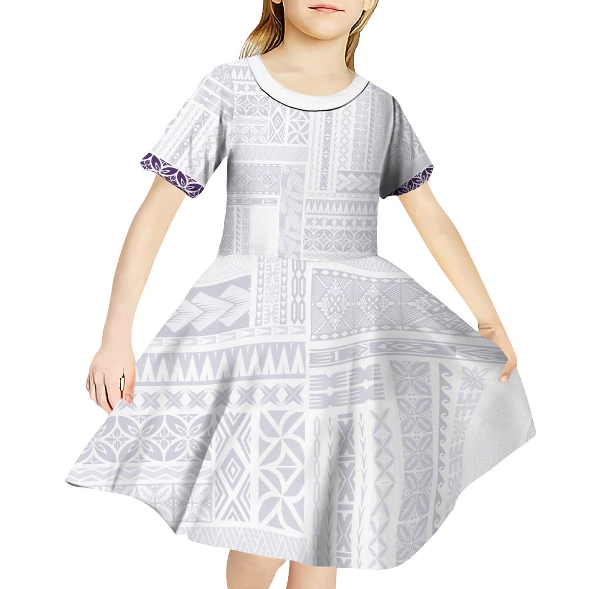 Samoa Siapo Purple Trimmed Kid Short Sleeve Dress Samoa White Sunday - Polynesian Pride