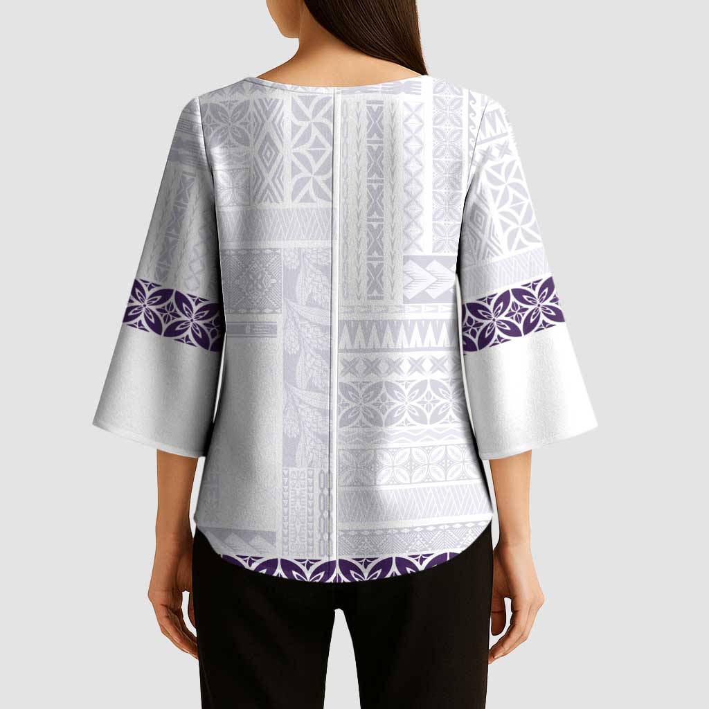 Samoa Siapo Purple Trimmed Kimono Sleeve Blouse Samoa White Sunday - Polynesian Pride