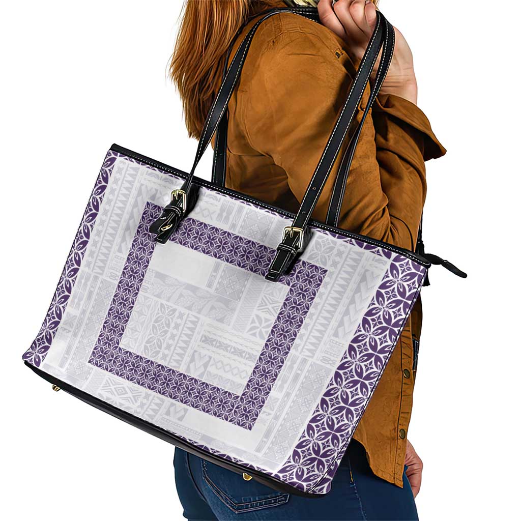 Samoa Siapo Purple Trimmed Leather Tote Bag Samoa White Sunday - Polynesian Pride