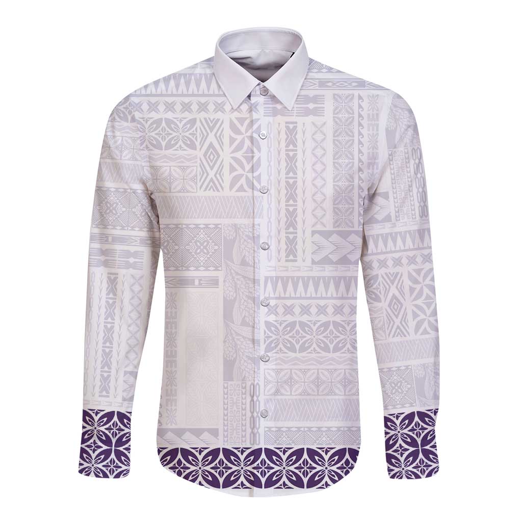 Samoa Siapo Purple Trimmed Long Sleeve Button Shirt Samoa White Sunday - Polynesian Pride