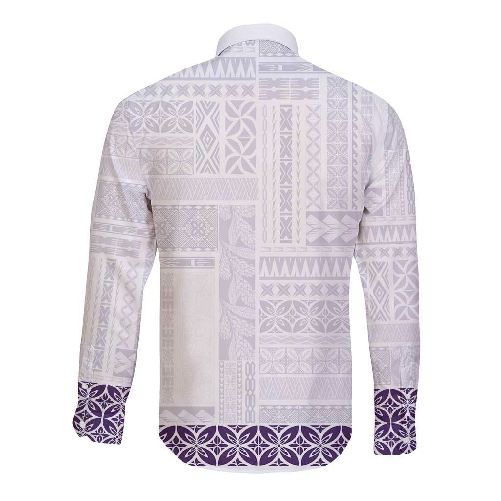 Samoa Siapo Purple Trimmed Long Sleeve Button Shirt Samoa White Sunday - Polynesian Pride