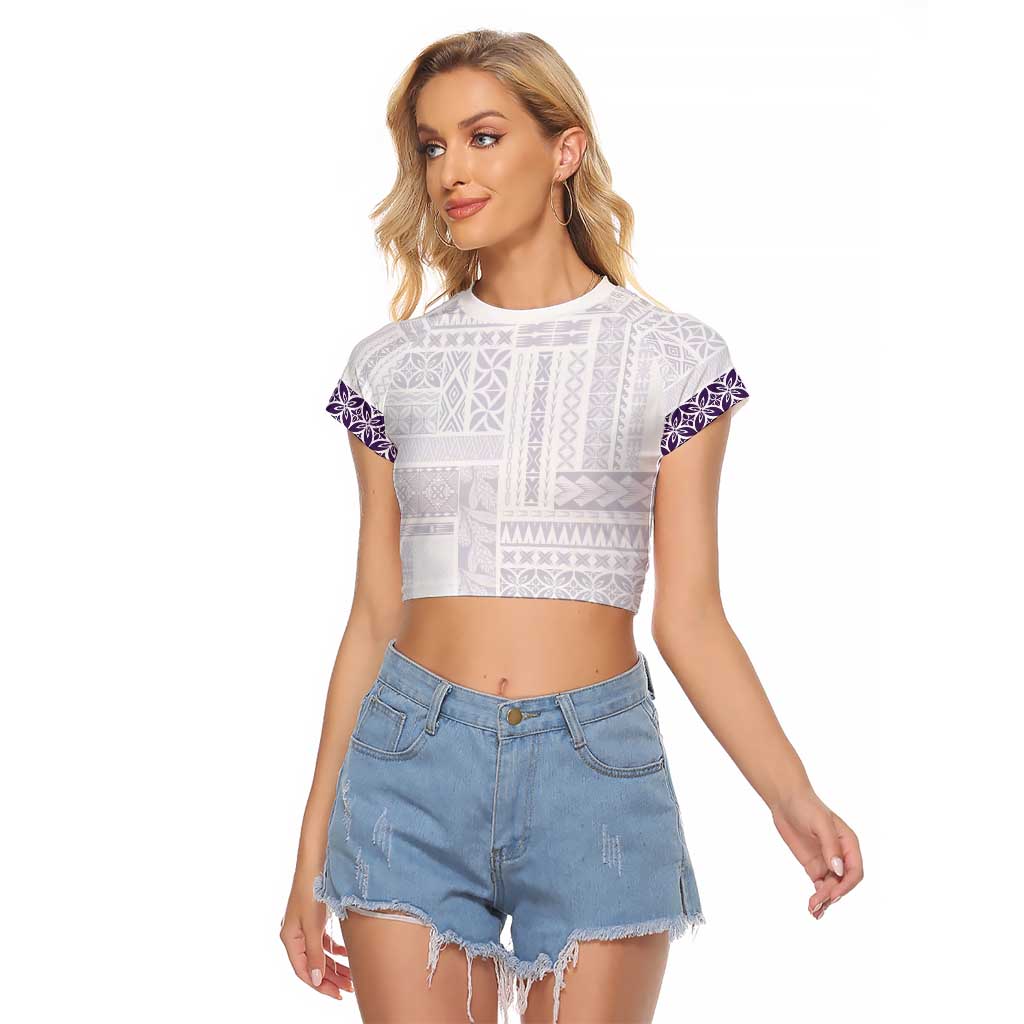 Samoa Siapo Purple Trimmed Raglan Cropped T Shirt Samoa White Sunday - Polynesian Pride