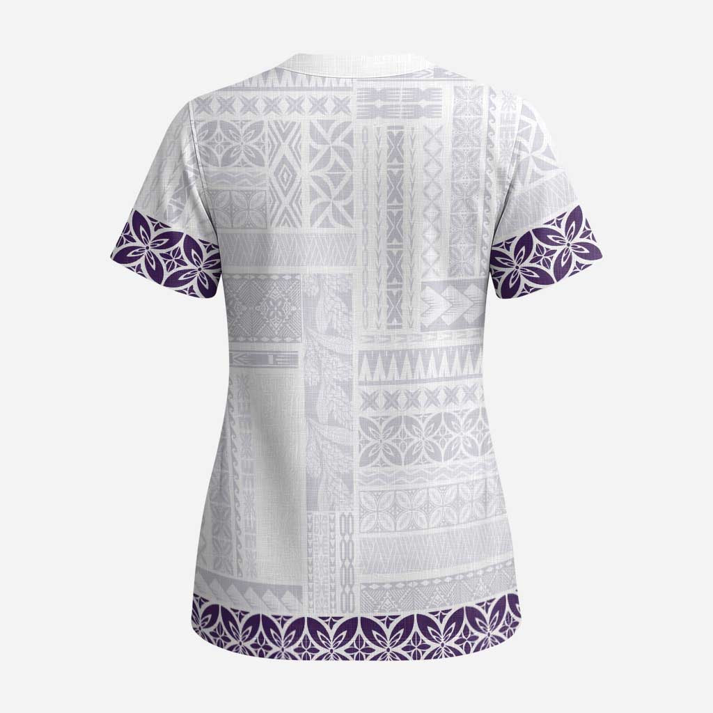 Samoa Siapo Purple Trimmed Scrub Top Samoa White Sunday - Polynesian Pride