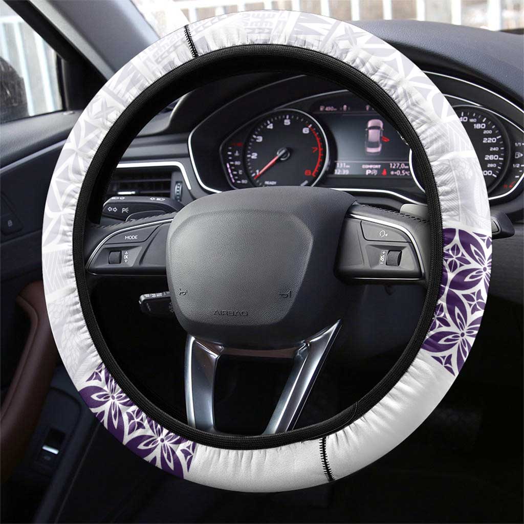 Samoa Siapo Purple Trimmed Steering Wheel Cover Samoa White Sunday - Polynesian Pride