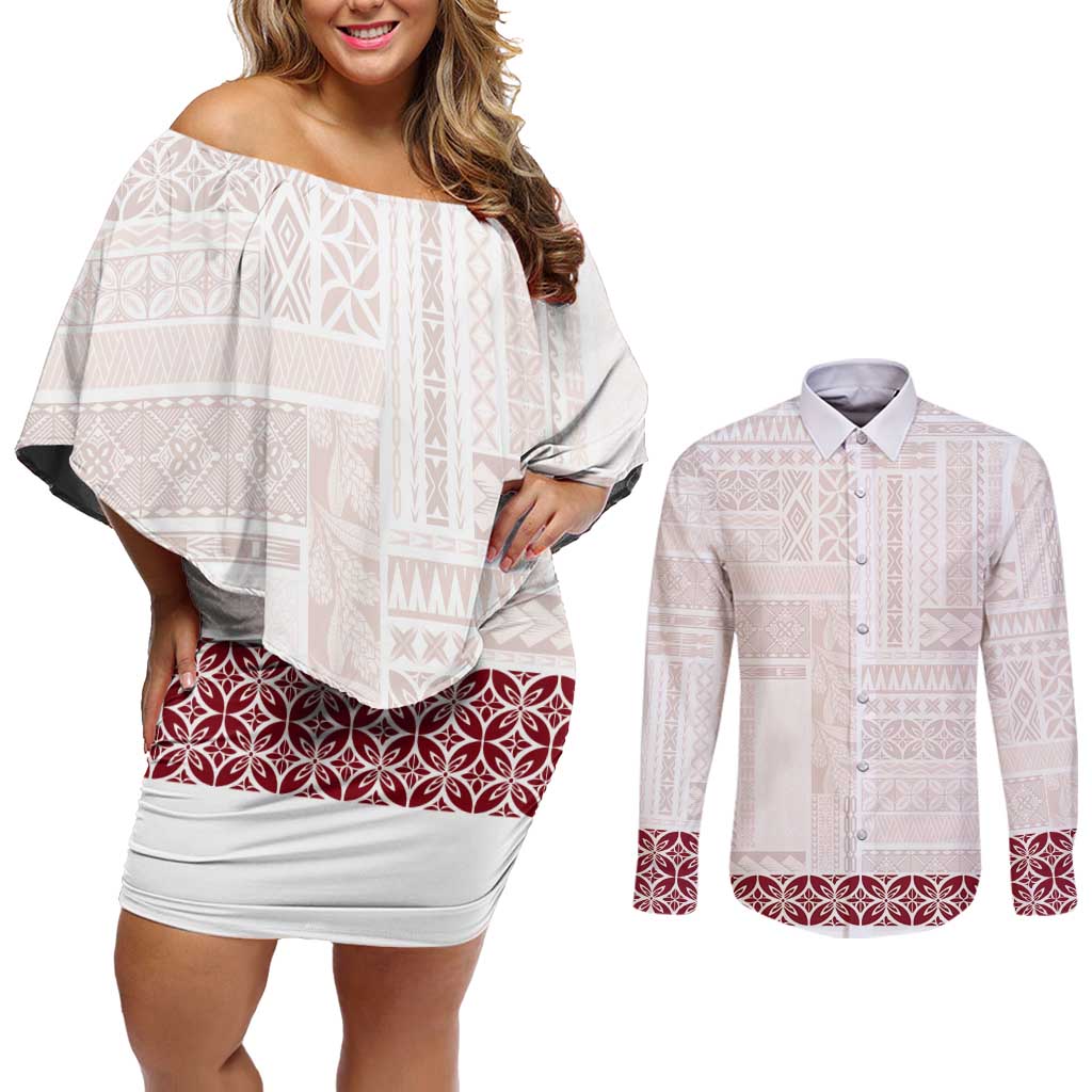 Samoa Siapo Red Trimmed Couples Matching Off Shoulder Short Dress and Long Sleeve Button Shirt Samoa White Sunday - Polynesian Pride
