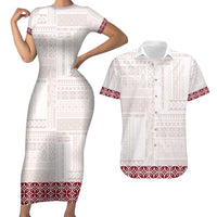Samoa Siapo Red Trimmed Couples Matching Short Sleeve Bodycon Dress and Hawaiian Shirt Samoa White Sunday - Polynesian Pride