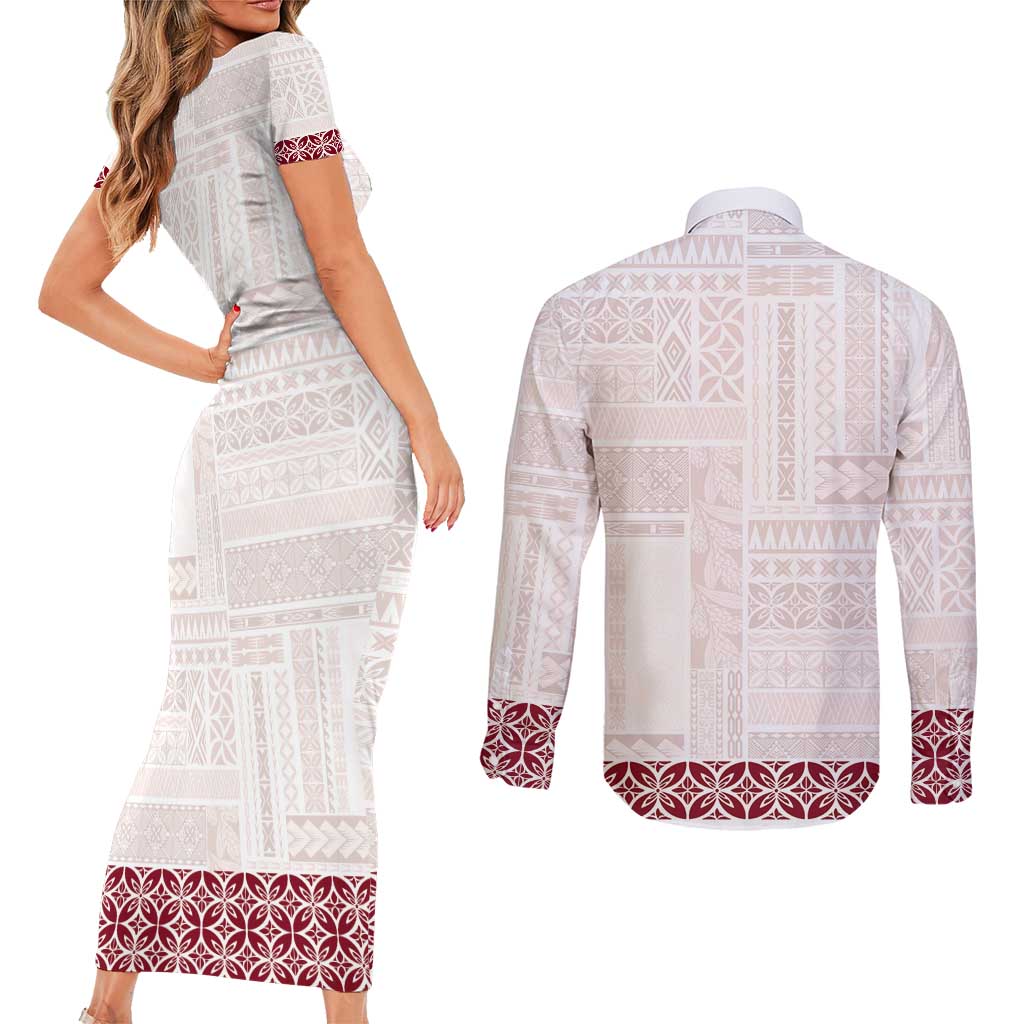 Samoa Siapo Red Trimmed Couples Matching Short Sleeve Bodycon Dress and Long Sleeve Button Shirt Samoa White Sunday - Polynesian Pride