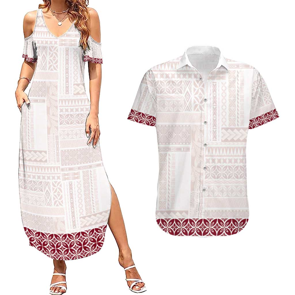 Samoa Siapo Red Trimmed Couples Matching Summer Maxi Dress and Hawaiian Shirt Samoa White Sunday - Polynesian Pride