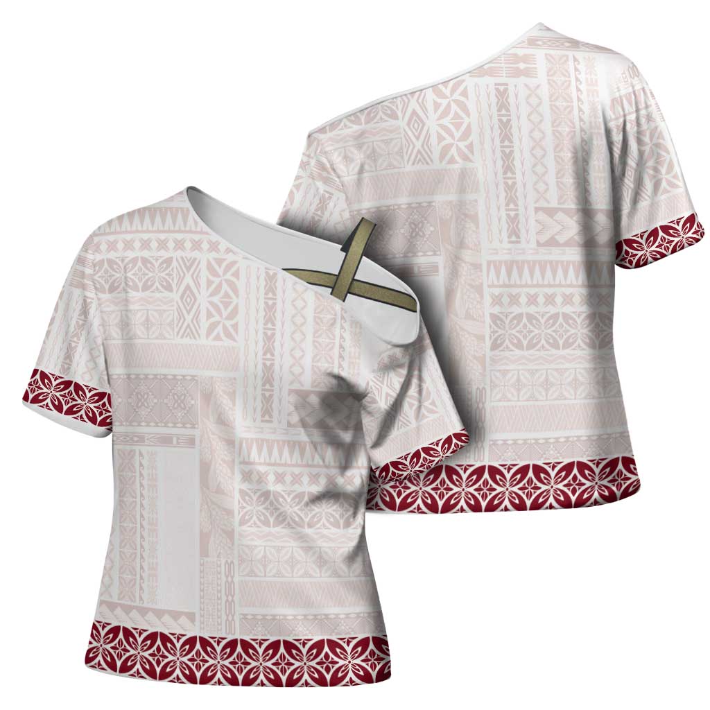 Samoa Siapo Red Trimmed Cross Shoulder Shirt Samoa White Sunday - Polynesian Pride
