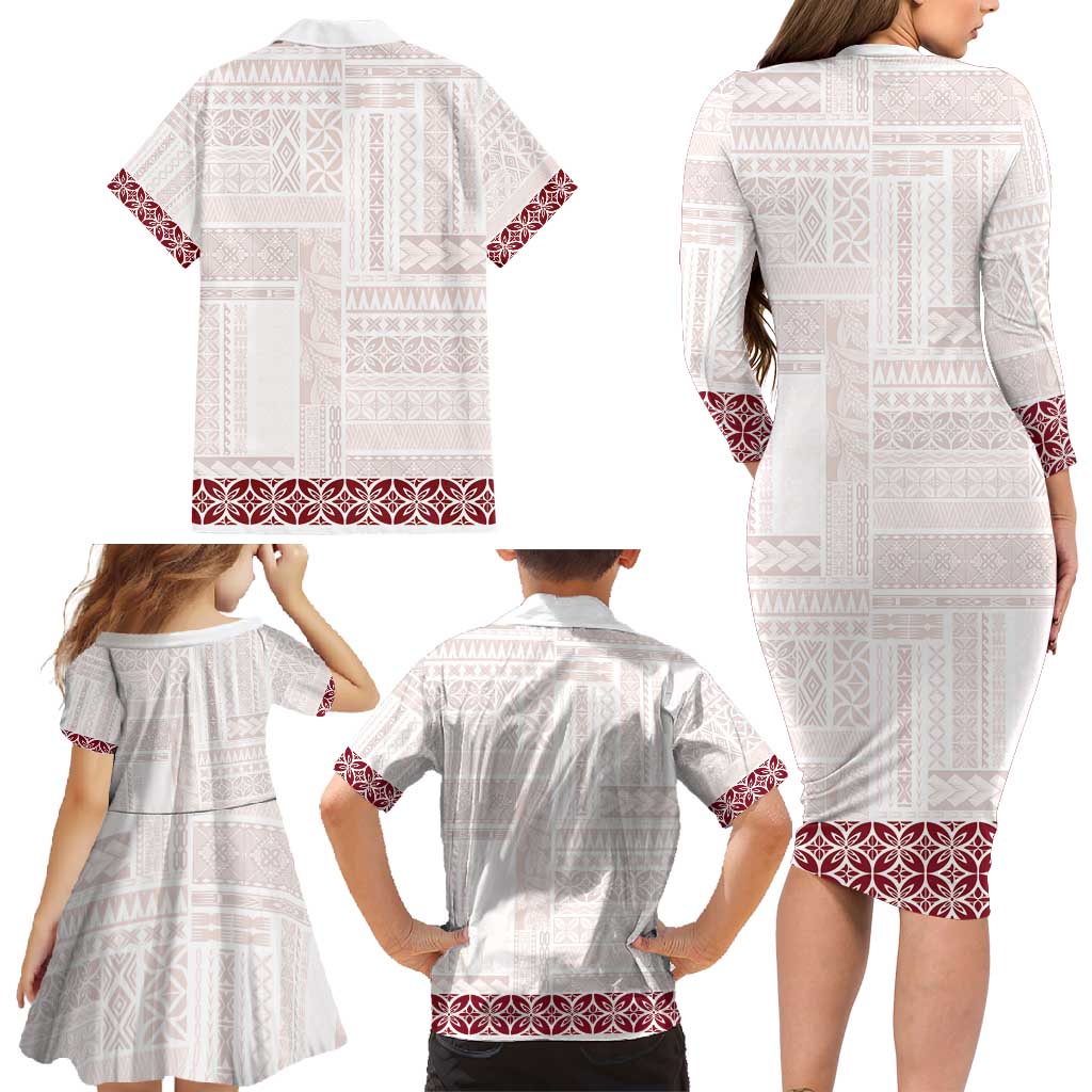 Samoa Siapo Red Trimmed Family Matching Long Sleeve Bodycon Dress and Hawaiian Shirt Samoa White Sunday - Polynesian Pride