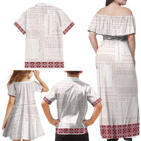 Samoa Siapo Red Trimmed Family Matching Off Shoulder Maxi Dress and Hawaiian Shirt Samoa White Sunday - Polynesian Pride