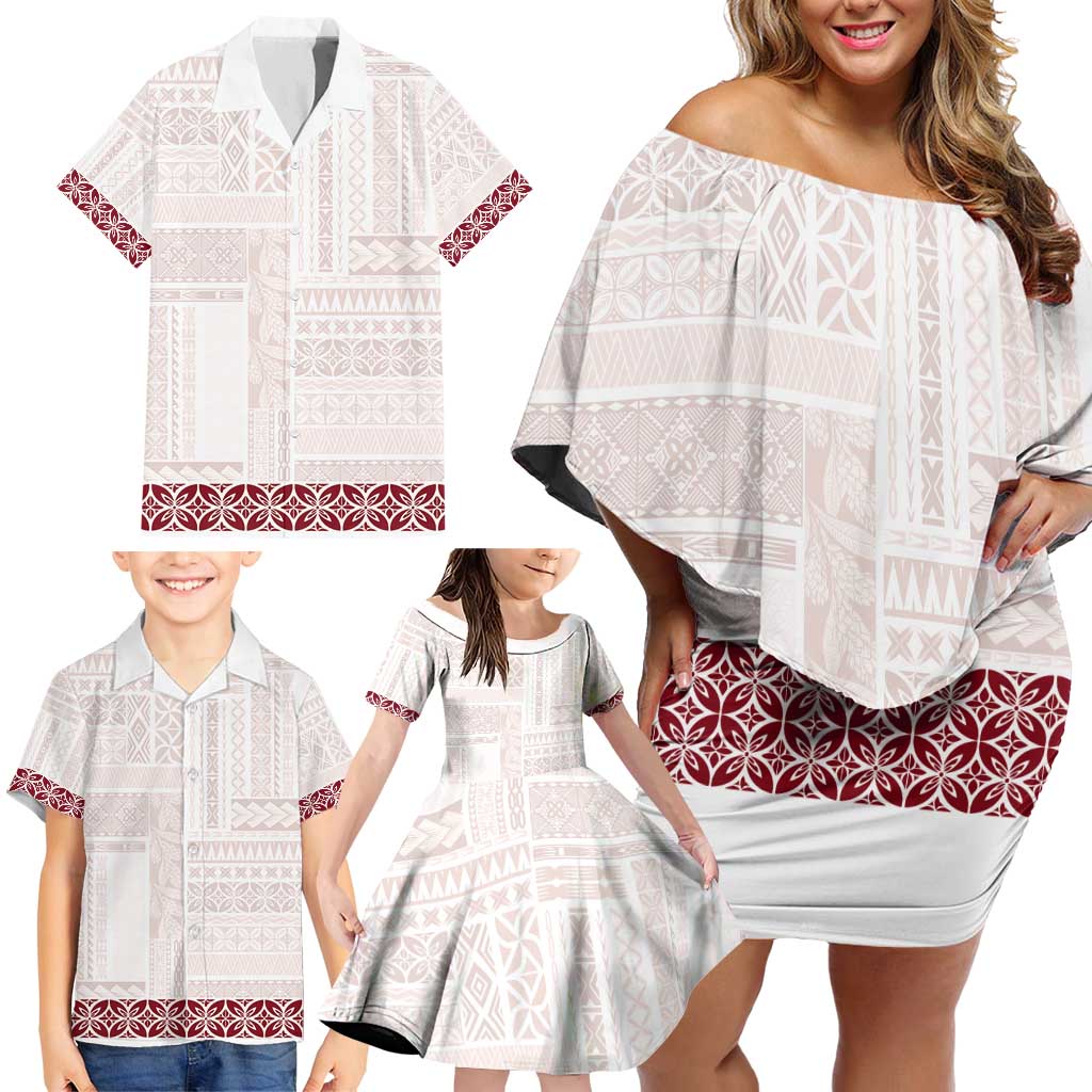 Samoa Siapo Red Trimmed Family Matching Off Shoulder Short Dress and Hawaiian Shirt Samoa White Sunday - Polynesian Pride