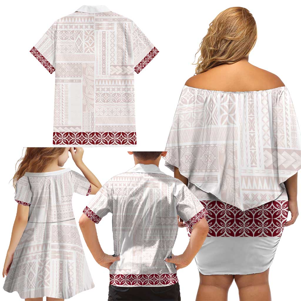 Samoa Siapo Red Trimmed Family Matching Off Shoulder Short Dress and Hawaiian Shirt Samoa White Sunday - Polynesian Pride