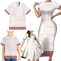 Samoa Siapo Red Trimmed Family Matching Short Sleeve Bodycon Dress and Hawaiian Shirt Samoa White Sunday - Polynesian Pride