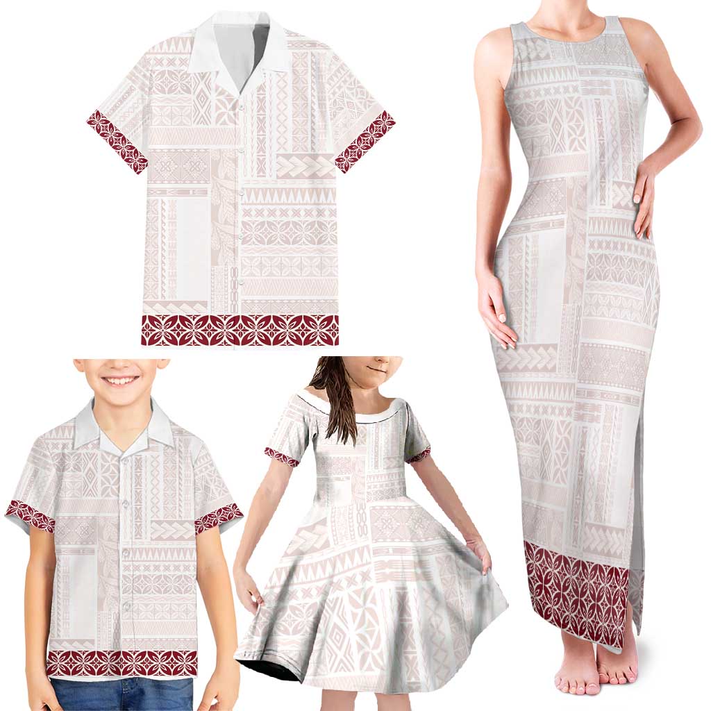 Samoa Siapo Red Trimmed Family Matching Tank Maxi Dress and Hawaiian Shirt Samoa White Sunday - Polynesian Pride
