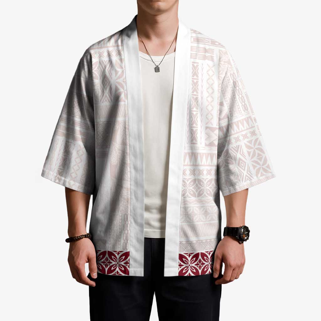 Samoa Siapo Red Trimmed Kimono Samoa White Sunday - Polynesian Pride