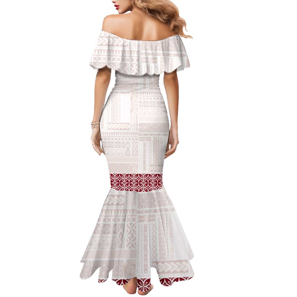 Samoa Siapo Red Trimmed Mermaid Dress Samoa White Sunday - Polynesian Pride