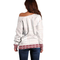 Samoa Siapo Red Trimmed Off Shoulder Sweater Samoa White Sunday - Polynesian Pride