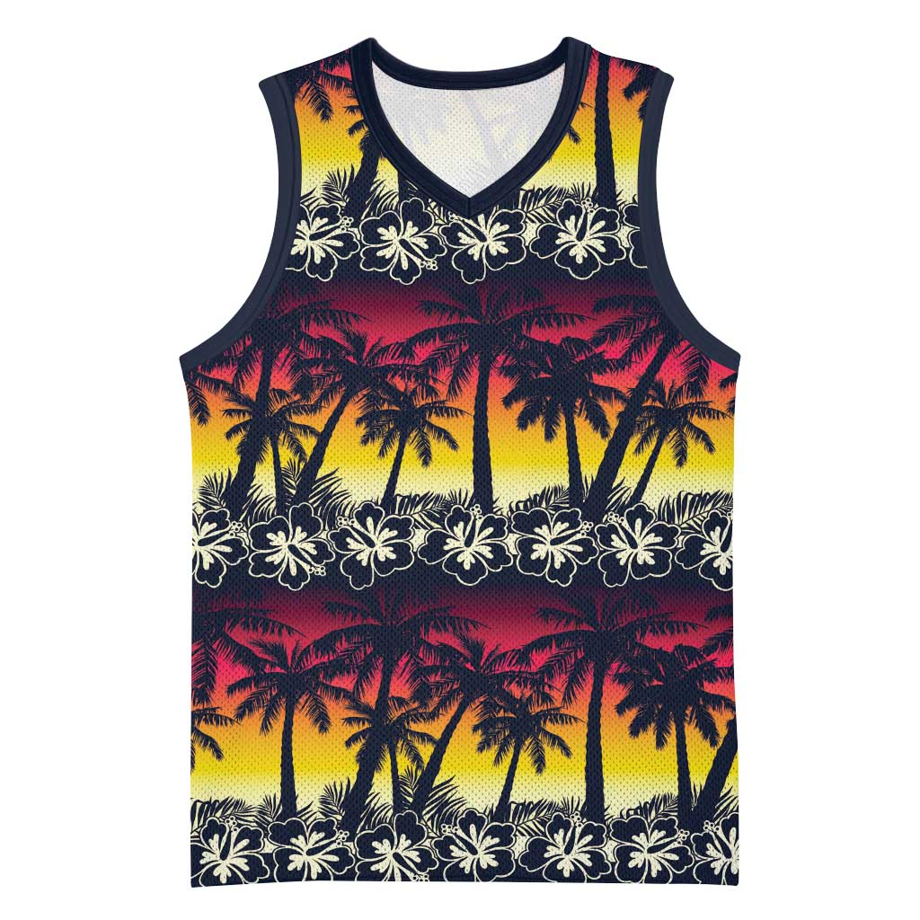 Hawaii Hibiscus Palm Tree Sunset Basketball Jersey Tropical Style - Polynesian Pride