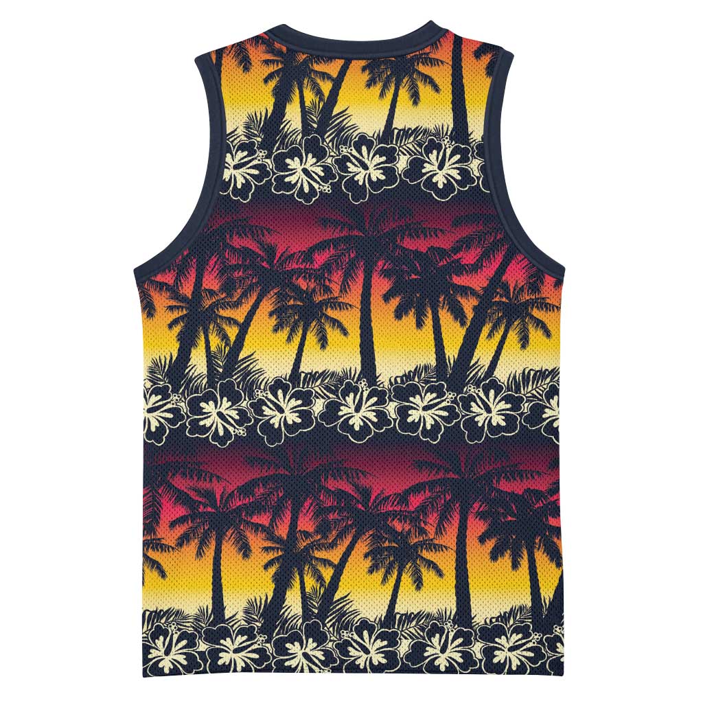 Hawaii Hibiscus Palm Tree Sunset Basketball Jersey Tropical Style - Polynesian Pride