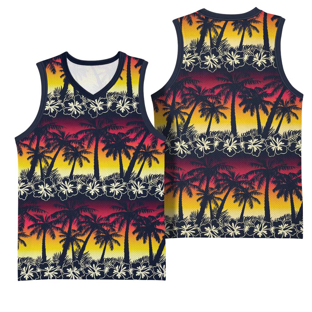 Hawaii Hibiscus Palm Tree Sunset Basketball Jersey Tropical Style - Polynesian Pride