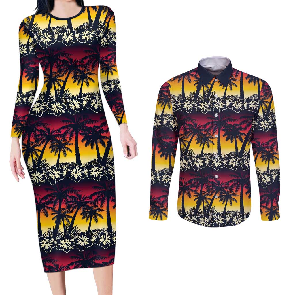 Hawaii Hibiscus Palm Tree Sunset Couples Matching Long Sleeve Bodycon Dress and Long Sleeve Button Shirt Tropical Style - Polynesian Pride