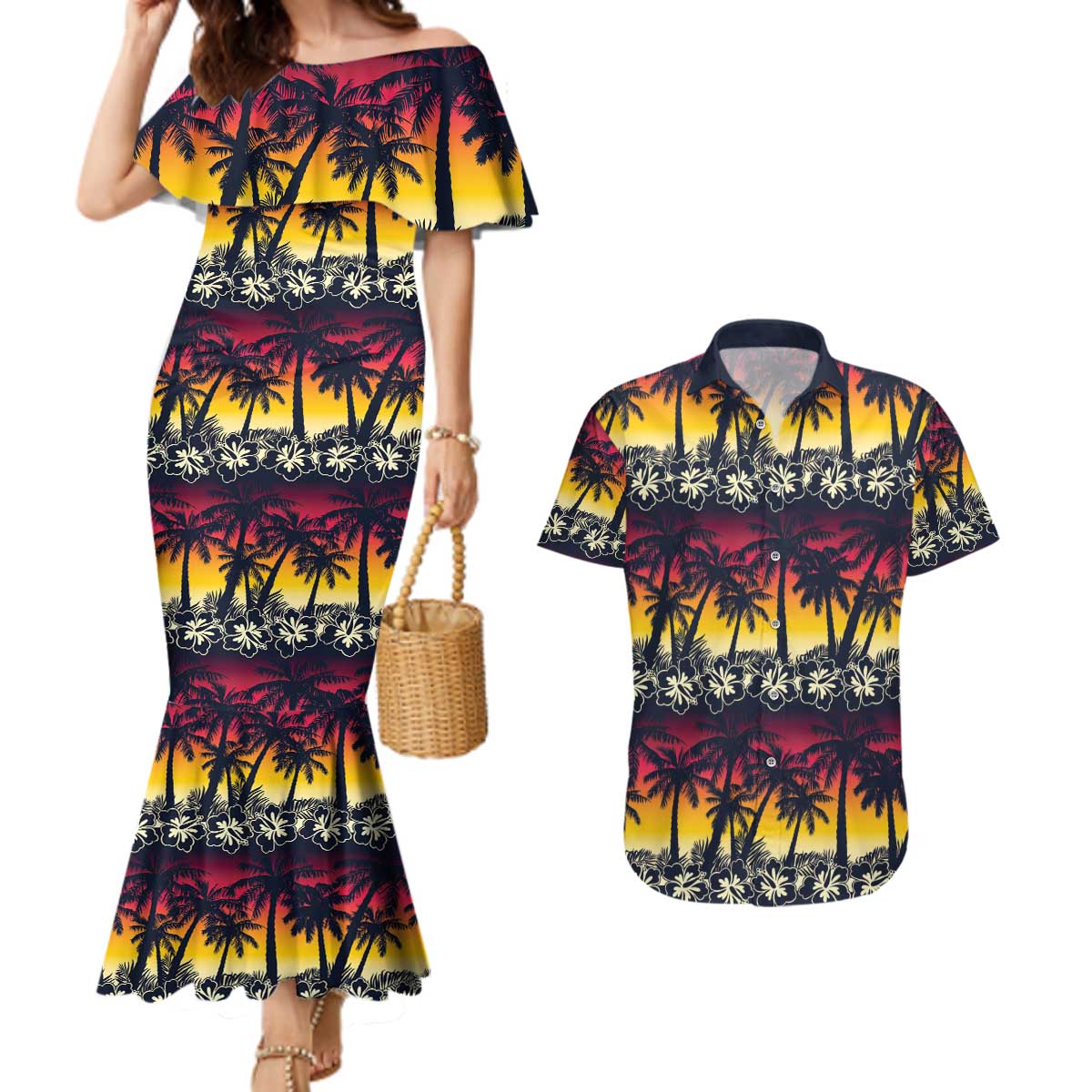 Hawaii Hibiscus Palm Tree Sunset Couples Matching Mermaid Dress and Hawaiian Shirt Tropical Style - Polynesian Pride