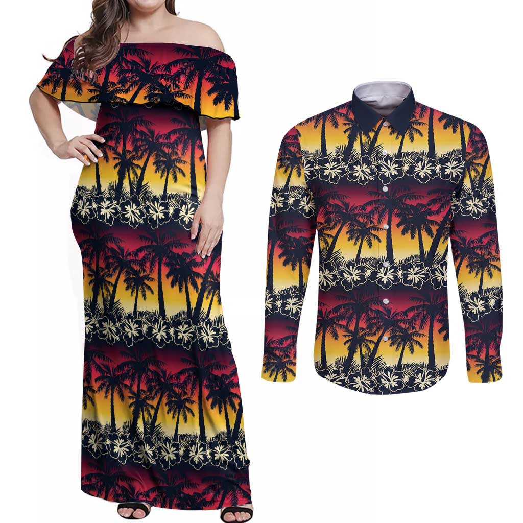 Hawaii Hibiscus Palm Tree Sunset Couples Matching Off Shoulder Maxi Dress and Long Sleeve Button Shirt Tropical Style - Polynesian Pride