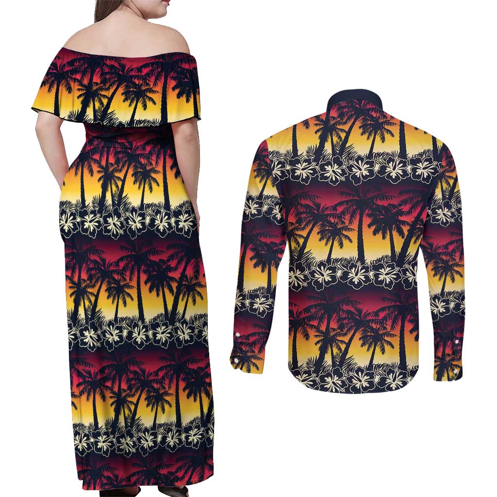 Hawaii Hibiscus Palm Tree Sunset Couples Matching Off Shoulder Maxi Dress and Long Sleeve Button Shirt Tropical Style - Polynesian Pride