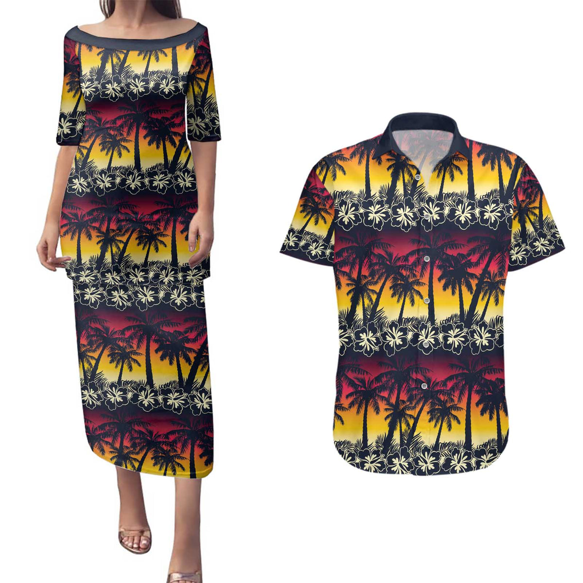 Hawaii Hibiscus Palm Tree Sunset Couples Matching Puletasi and Hawaiian Shirt Tropical Style LT01 Multicolor - Polynesian Pride