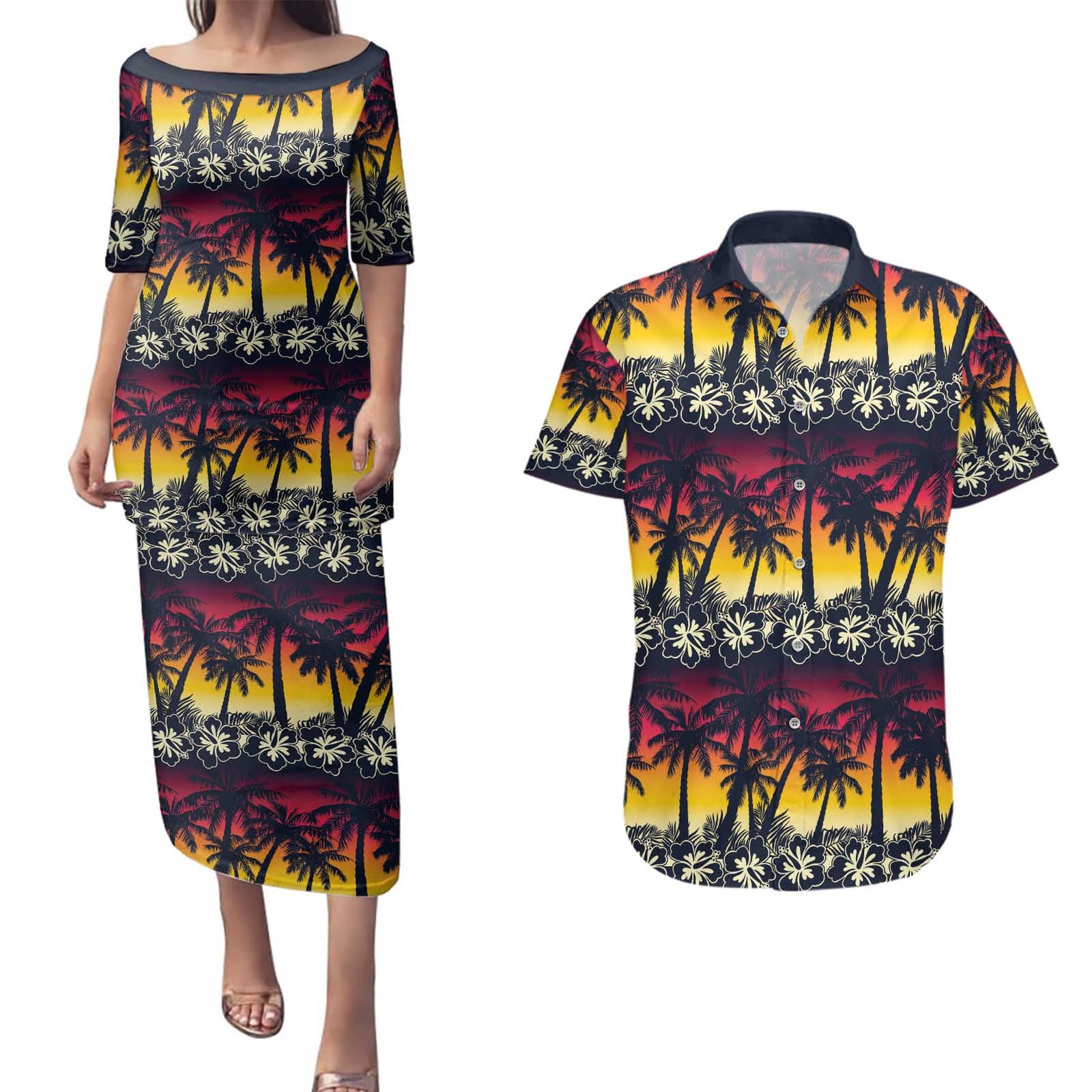 Hawaii Hibiscus Palm Tree Sunset Couples Matching Puletasi and Hawaiian Shirt Tropical Style - Polynesian Pride