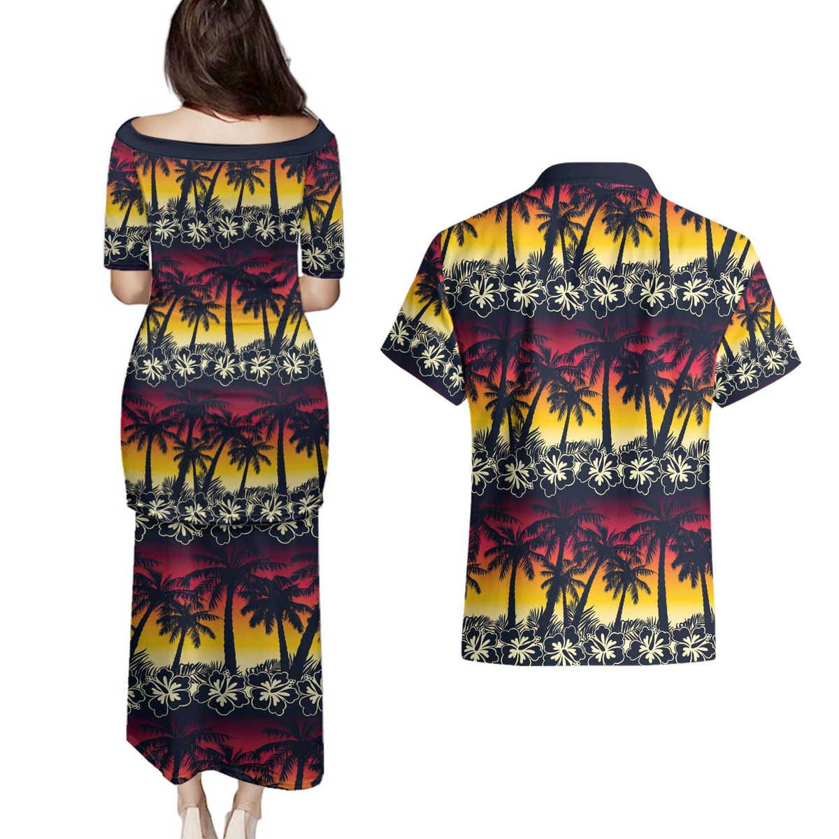 Hawaii Hibiscus Palm Tree Sunset Couples Matching Puletasi and Hawaiian Shirt Tropical Style LT01 - Polynesian Pride