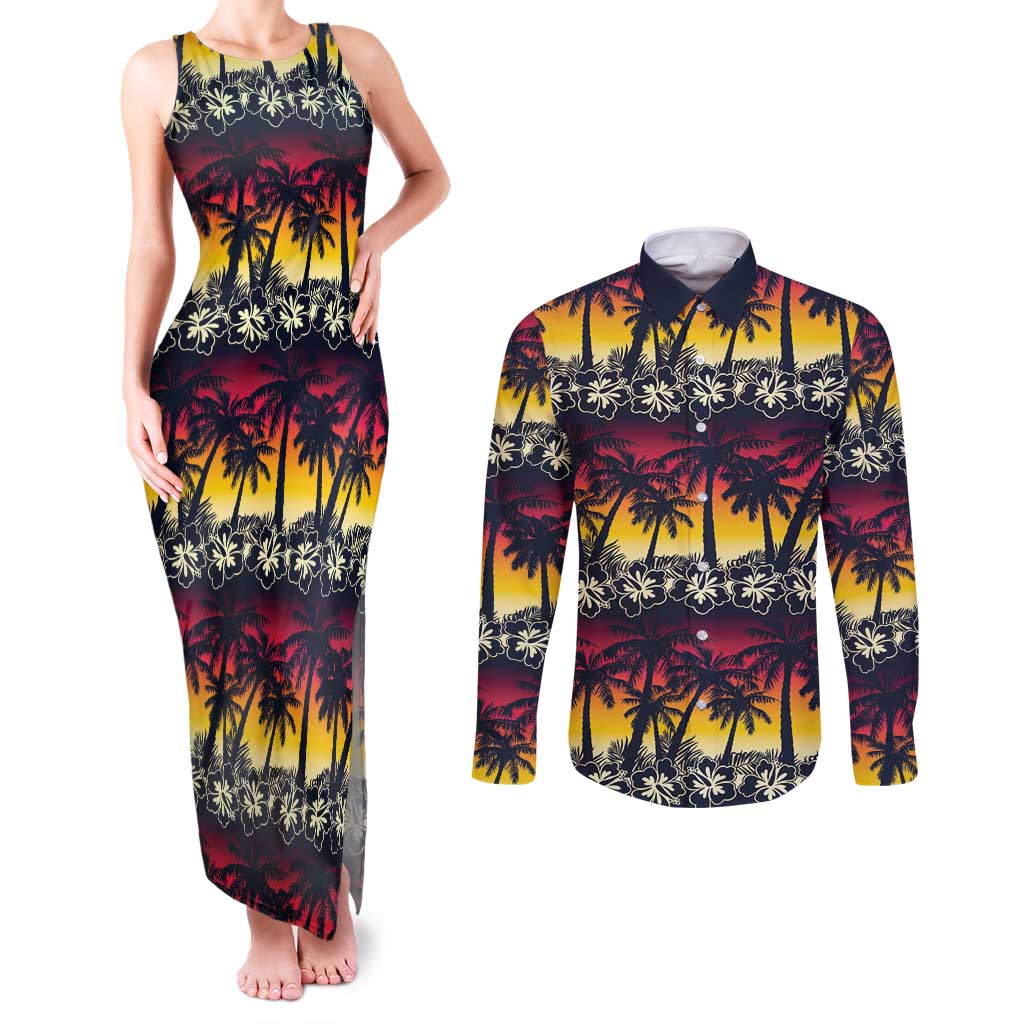 Hawaii Hibiscus Palm Tree Sunset Couples Matching Tank Maxi Dress and Long Sleeve Button Shirt Tropical Style - Polynesian Pride