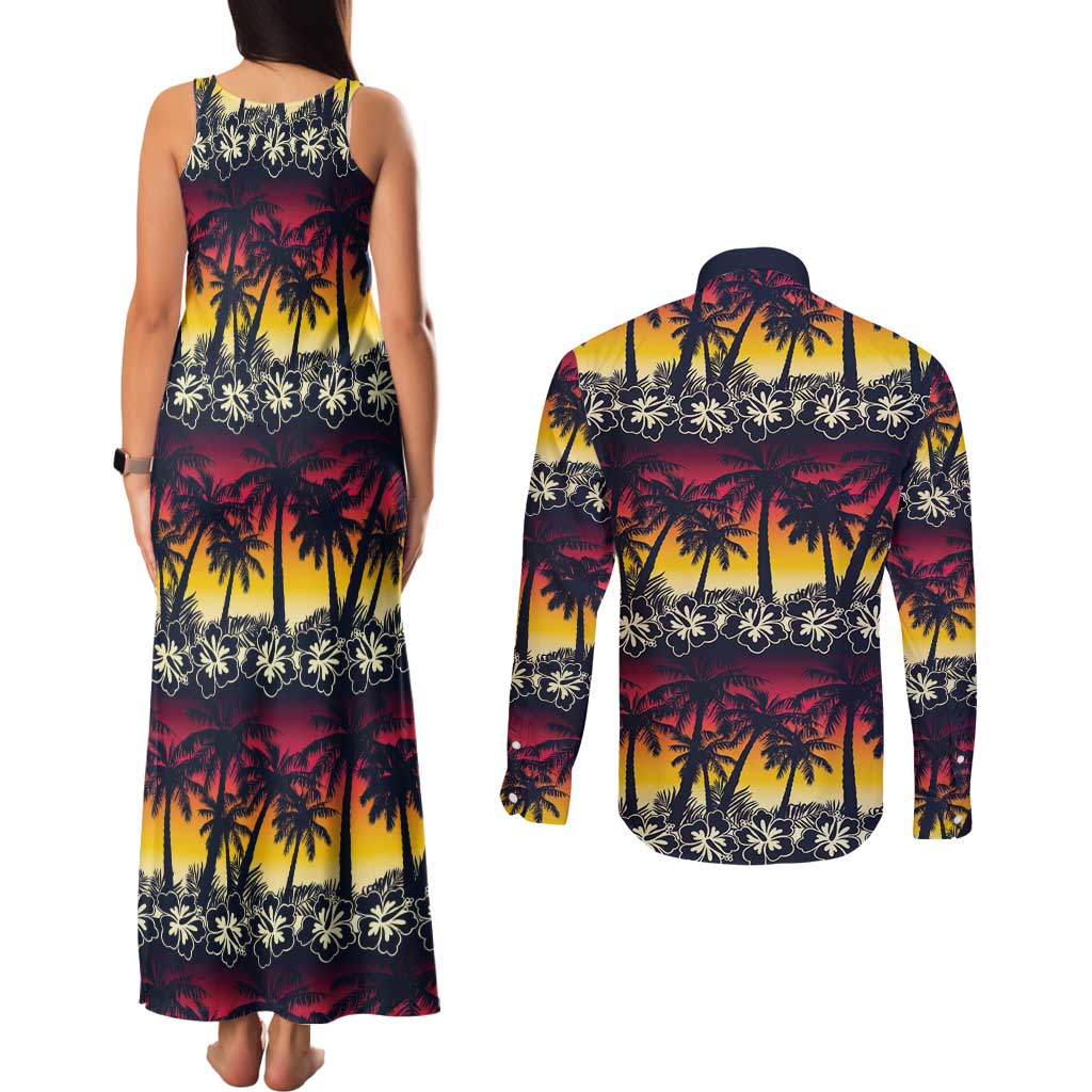 Hawaii Hibiscus Palm Tree Sunset Couples Matching Tank Maxi Dress and Long Sleeve Button Shirt Tropical Style - Polynesian Pride