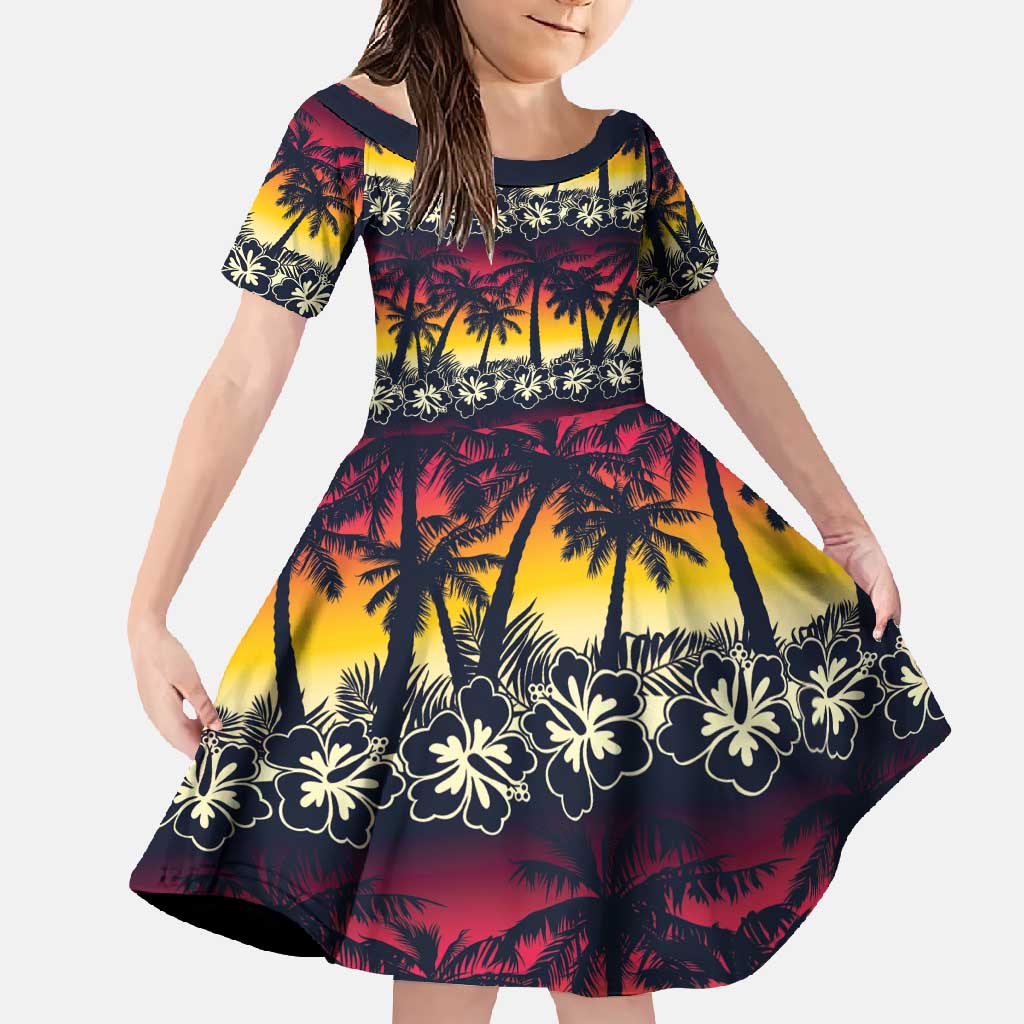 Hawaii Hibiscus Palm Tree Sunset Family Matching Long Sleeve Bodycon Dress and Hawaiian Shirt Tropical Style - Polynesian Pride