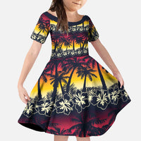 Hawaii Hibiscus Palm Tree Sunset Family Matching Long Sleeve Bodycon Dress and Hawaiian Shirt Tropical Style - Polynesian Pride