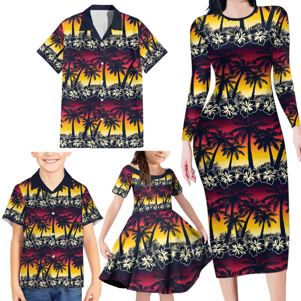 Hawaii Hibiscus Palm Tree Sunset Family Matching Long Sleeve Bodycon Dress and Hawaiian Shirt Tropical Style - Polynesian Pride