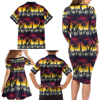 Hawaii Hibiscus Palm Tree Sunset Family Matching Long Sleeve Bodycon Dress and Hawaiian Shirt Tropical Style - Polynesian Pride