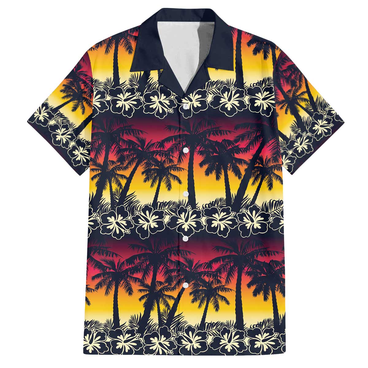 Hawaii Hibiscus Palm Tree Sunset Family Matching Off The Shoulder Long Sleeve Dress and Hawaiian Shirt Tropical Style - Polynesian Pride