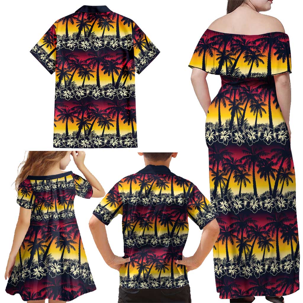 Hawaii Hibiscus Palm Tree Sunset Family Matching Off Shoulder Maxi Dress and Hawaiian Shirt Tropical Style - Polynesian Pride